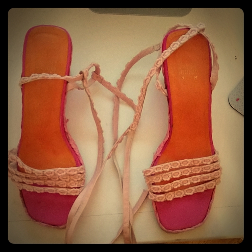 Stuart Weitzman Pink Floral Lace Up Espadrilles